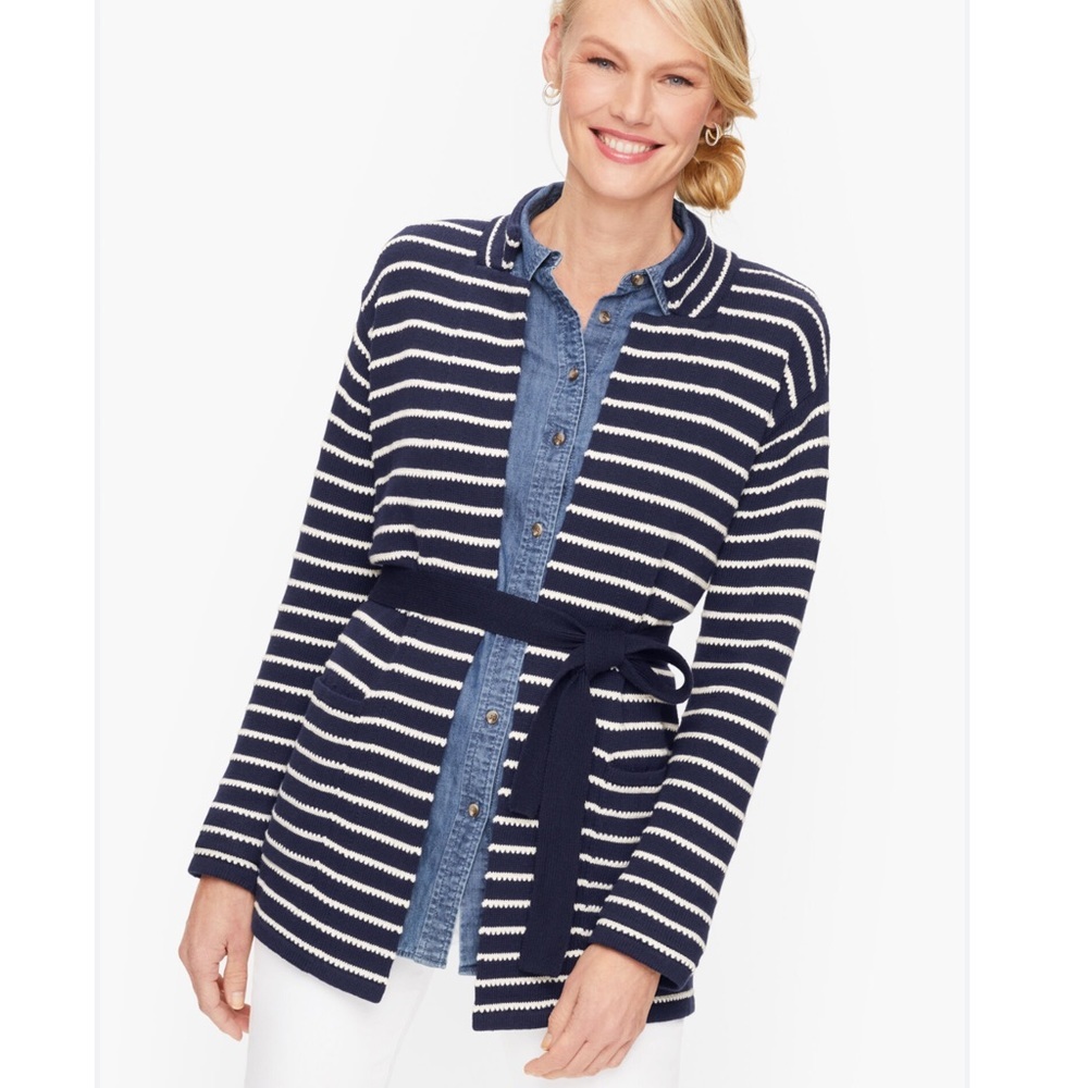 Talbots Supersoft Cashmere Belted Striped Sweater Cardigan Medium NWT - Picture 2 of 10